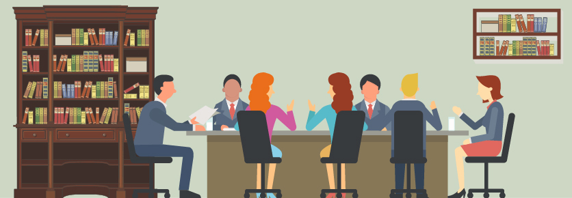 Ilustración equidad de género-mujeres y hombres sentados en una mesa de trabajo