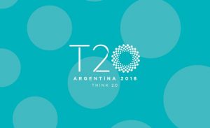 Flyer T20 Argentina - Fondo turquesa con lunares grandes y letras en blanco con la insignia: T20 Argentina