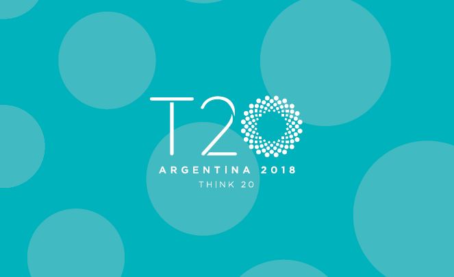 Flyer T20 Argentina - Fondo turquesa con lunares grandes y letras en blanco con la insignia: T20 Argentina