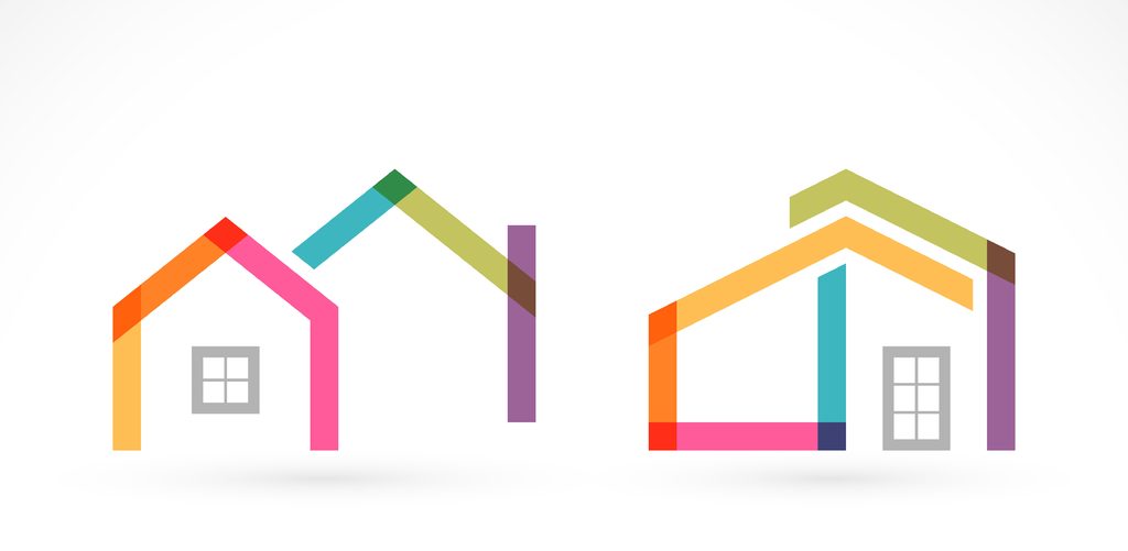 Ilustración contornos de casas de colores en función del artículo elaborado por CIPPEC sobre la política habitacional argentina