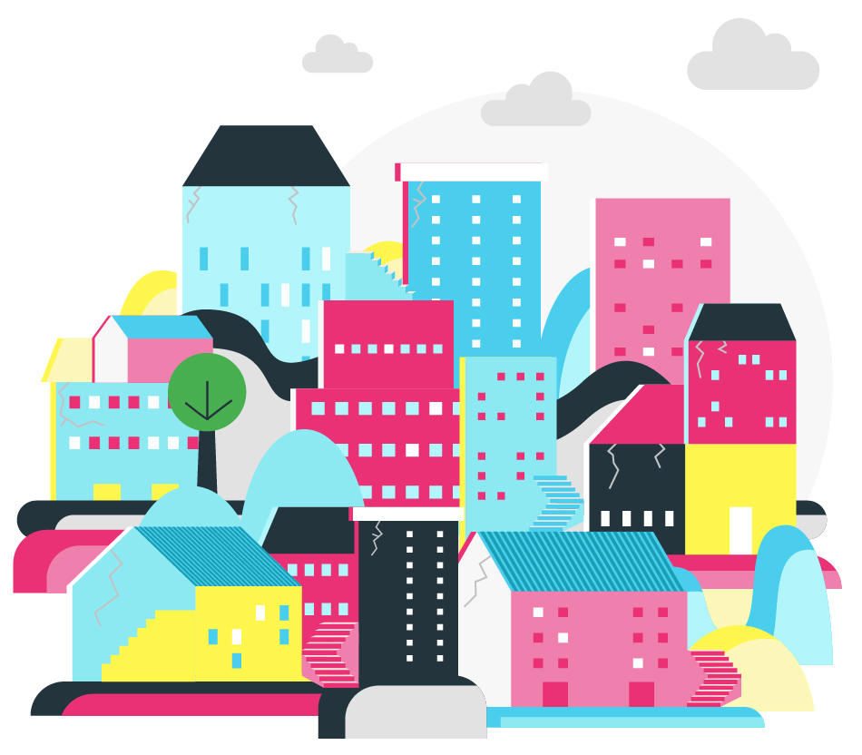 Dibujo de una ciudad que representa el acceso al hábitat y a la vivienda adecuada